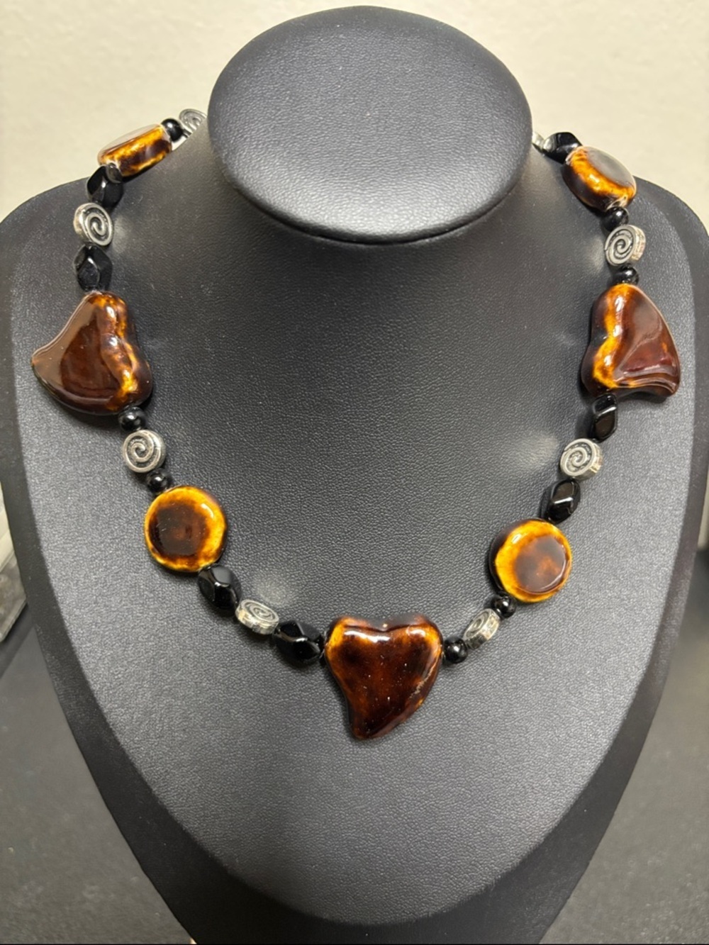Unique Vintage Brown Glazed Ceramic Heart Beaded Silver Tone Necklace